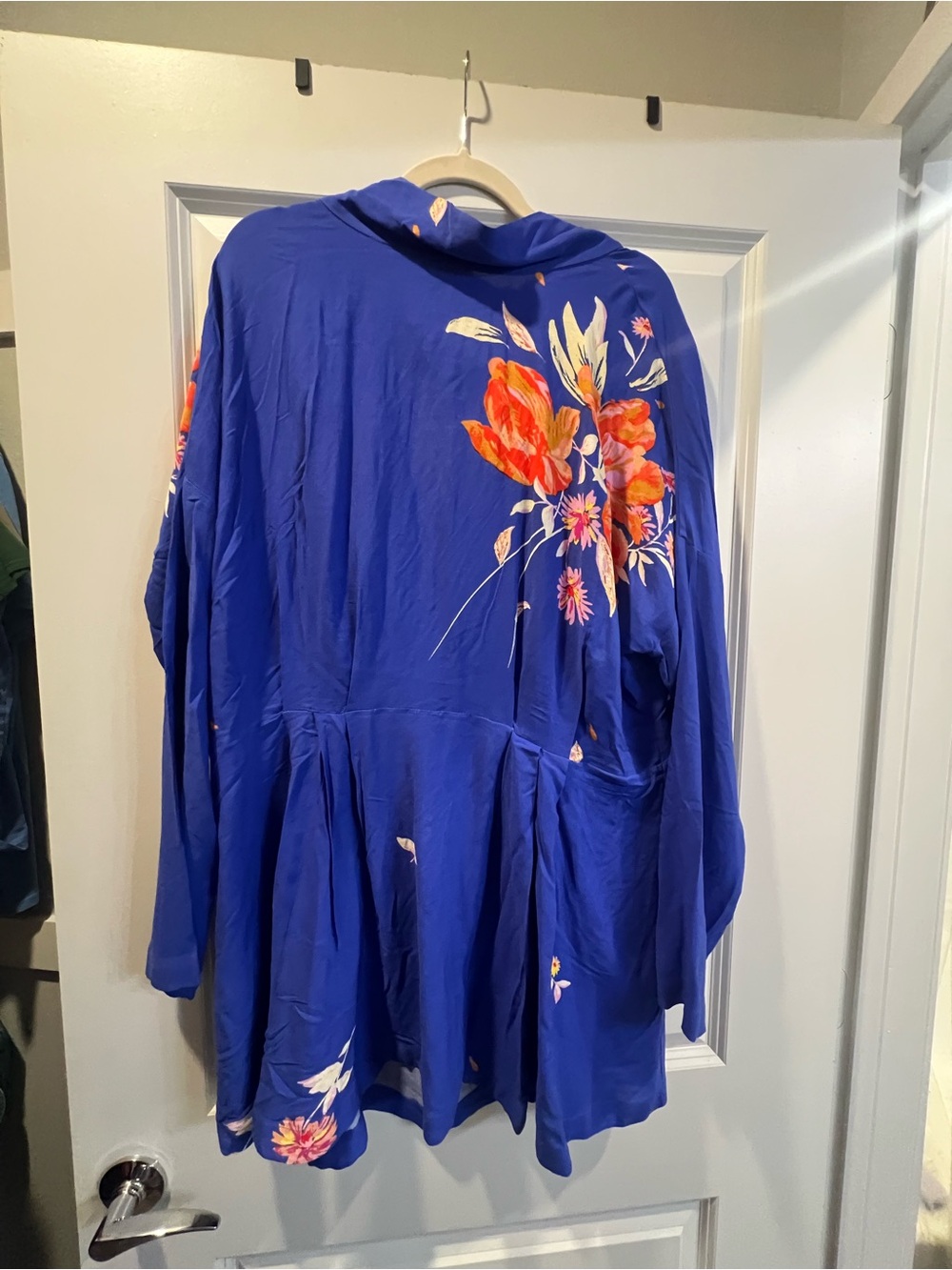 Free People Royal Blue Floral Tunic with Orange-Pink Blooms